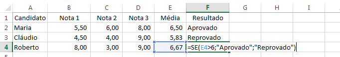 No exemplo a seguir o candidato é reprovado caso sua média seja menor que 6. Sendo assim, 6 é o critério para aprovação. Então compara-se a nota do candidato com 6.