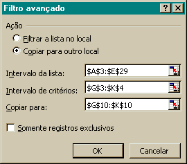 Definidas as duas áreas, execute o comando: Dados, Filtrar, Filtro avançado. Será apresentada a Caixa de Diálogo, Filtro avançado, apresentada abaixo. Figura 7.