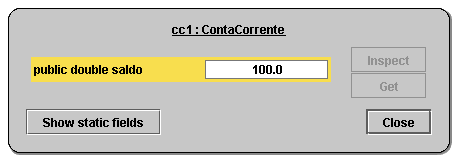 A Figura 4.12 mostra o particular estado do objeto cc1 após a realização do serviço de depósito em conta. Figura 4.12: Estado da conta cc1 após o processamento da mensagem depositar(100).