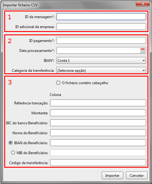 Figura 42: Ecrã de introdução de dados do ficheiro Na Figura 42 podem-se identificar três secções distintas, composta cada uma por um conjunto de campos associados a um componente do ficheiro. 1.