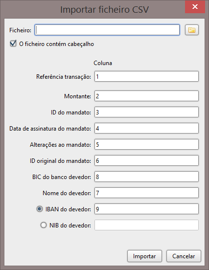 4.3.2.7 Importar transações de ficheiro CSV É possível importar uma lista de transações a partir de um ficheiro CSV. Esse ficheiro deve ter um limite máximo de 10 megabytes.