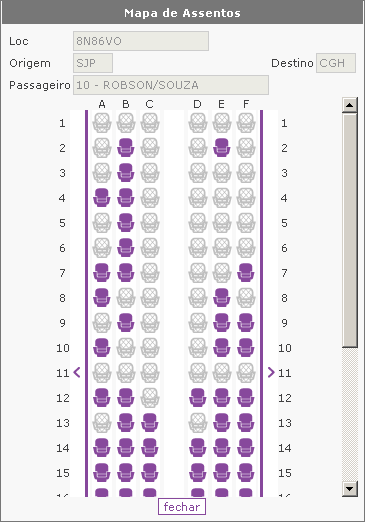 11. Reserva efetuada / detalhes da reserva F. Reservar assentos Algumas companhias aéreas disponibilizam o mapa de assentos da aeronave.