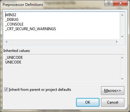 Clicando na seta mais à direita nessa linha e selecionando a opção Edit, deverá acrescentar a definição _CRT_SECURE_NO_WARNINGS e, em seguida, premir OK.