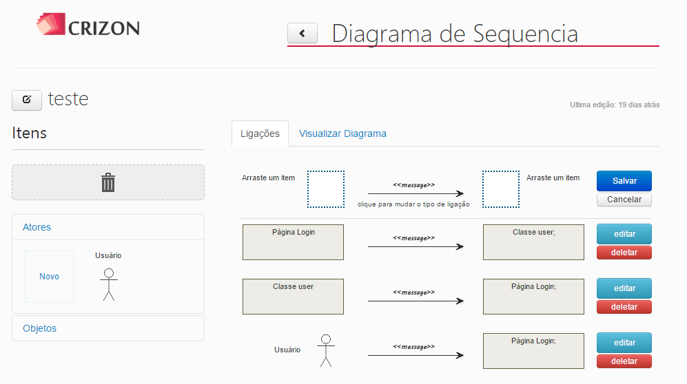 68 Figura 30 - Tela de edição do diagrama de sequência Fonte: Próprio autor A tela de edição, ilustrada pela Figura 30, possibilita a criação de atores que participam das ações existentes; dos