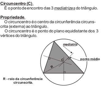 4 Além dos lados, as cevianas mais importantes são as alturas, as medianas e as bissetrizes, as quais são exemplificadas na figura a seguir; nessa figura também aparece um outro tipo de segmento