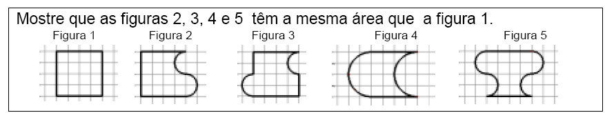 28 quadradinhos de todos e ver quem tem resposta igual. Outra atividade solicitava que o aluno mostrasse que as figuras apresentadas no papel quadriculado possuíam a mesma área.