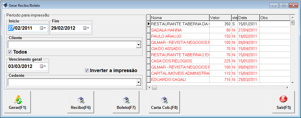 11. GERAR RECIBOS E BOLETOS O gerar Recibos e Boletos ira buscar todos as contas a Receber em aberto no período selecionado e criará um arquivo de visualização na lateral direita para seleção dos