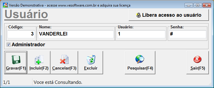 4. CRIANDO USUARIOS A primeira vez que for executado o Software ele utilizará o padrão do sistema (usuário:123 senha:123) porém deve-se criar usuários no Software.