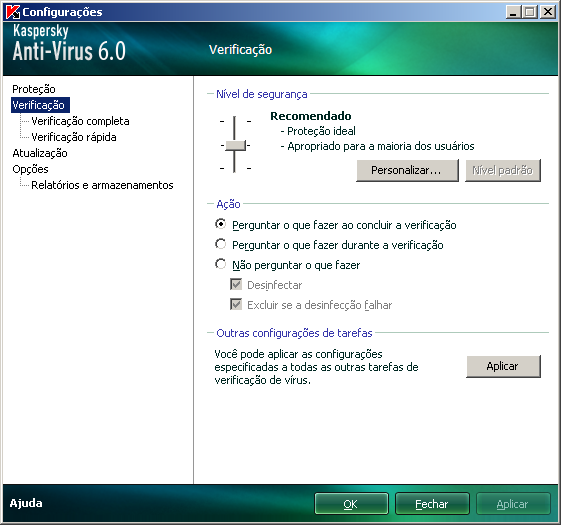 CONFIGURAÇÃO DAS CONFIGURAÇÕES DO APLICATIVO A janela das configurações do aplicativo é usada para acesso rápido às configurações principais do Kaspersky Anti- Virus 6.0.