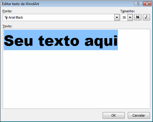 Selecionando o Wordart Para que você formate o seu wordart é necessário selecioná-lo, para fazê-lo clique em cima irá aparecer um quadrado pontilhado em volta, quando um texto feito com o wordart é