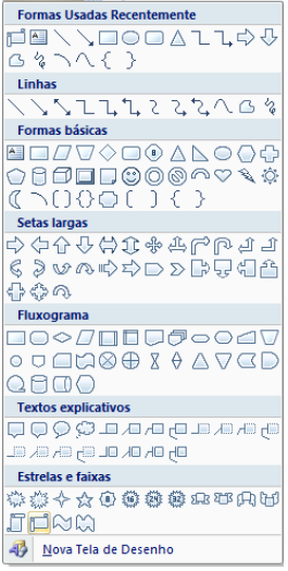 Definição: Inserir formas prontas como círculo, retângulos, setas, linhas, símbolos de fluxograma e textos explicativos 1º Aba Inserir 2º Escolha o pergaminho que esta com a seleção em amarelo, em