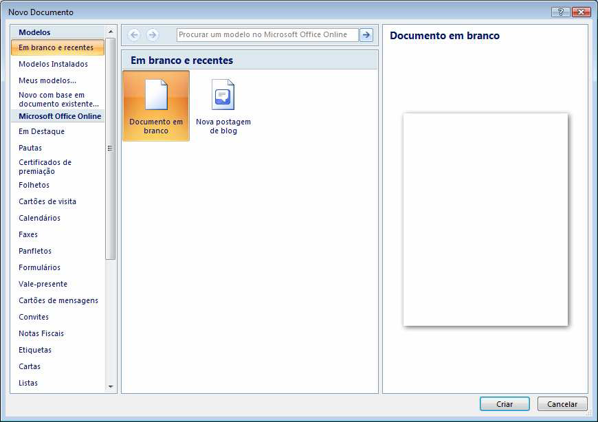 2º Escolha Documento em Branco e Criar