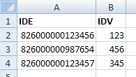 Até 15.000 pares de IDE/IDV podem ser exportados ao indicador. O arquivo de referência cruzada deve ter o seguinte formato: O arquivo deve ter o formato.csv ou.xls. Arquivos.