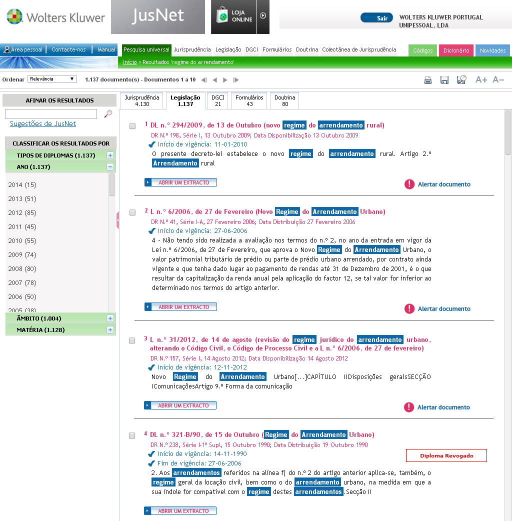 Visualizar um documento de legislação Situados na pasta de legislação, para visualizar um diploma clica-se no título e aparece o seguinte ecrã que se demonstra em seguida.