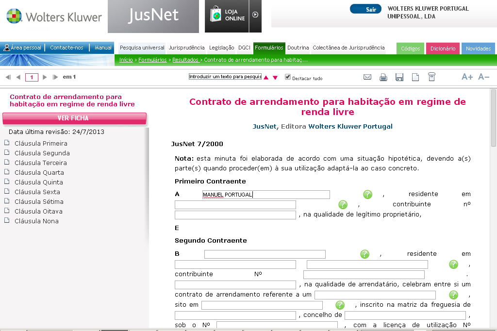 Visualizar um documento de formulários Situados na pasta de Formulários, para visualizar um documento clica-se no título e aparece o seguinte ecrã que se demonstra em seguida.