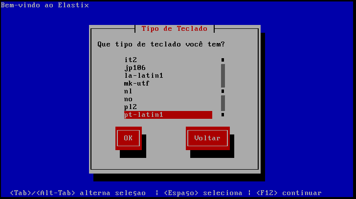 85 Figura 41 Tela escolha padrão teclado. Fonte: do próprio autor. Chega-se assim a uma importante etapa, onde são listadas as operações relacionadas à partição a ser instalada o servidor Elastix.