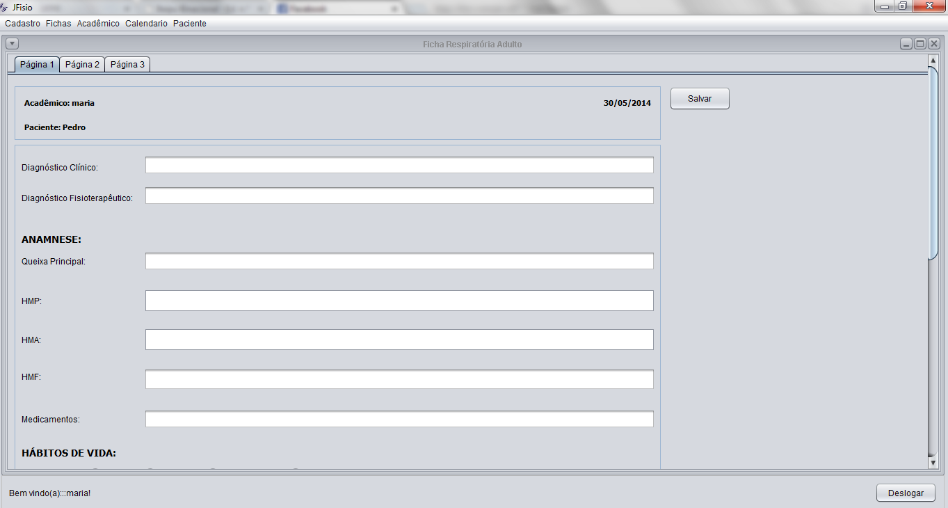 Figure 6. Ficha respiratória adulto Acadêmico: Este menu somente é visível para o usuário com cargo fisioterapeuta.