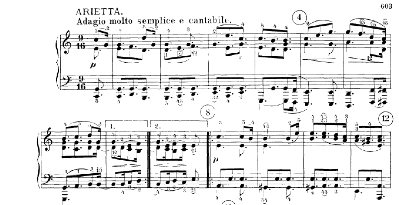 Considere os primeiros oito compassos da Arietta da Sonata Op. 111 de Ludwig van Beethoven para responder às perguntas 3, 4, 5 e 6. Questão 03 Assinale a alternativa correta. A. ( ) Tonalidade de La menor, compasso binário simples, início acéfalo, nenhum dos oito compassos apresenta síncopes.