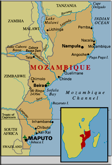 Fig. I: Mapa de localização geográfica de Moçambique a (esq.). [Disponível no endereço eletrônico e acessado em 11/03/2011: <http://www.acil.org.mo/por/pcs_mozambique.htm>].