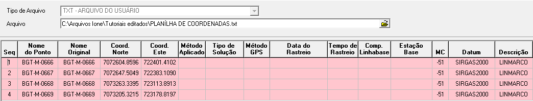 Obs: O arquivo de texto poderá sofrer variações de acordo com cada tipo de programa de processamento GPS; pois os softwares são compilados de formas diferentes.