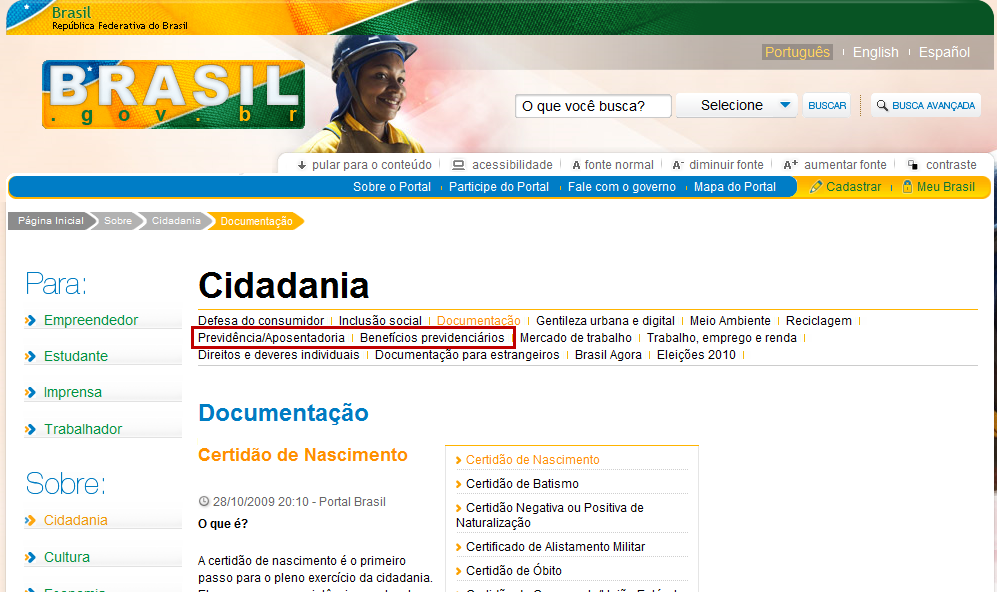 43 seja apresentado por todo o site, de preferência um que os usuários estejam mais familiarizados, como, por exemplo, Carteira de Trabalho.