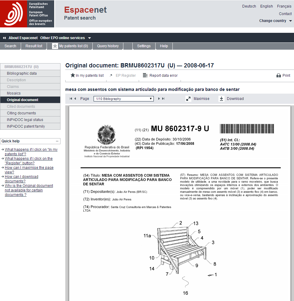O documento pode ser visualizado no Espacenet, site de buscas do Escritório Europeu de Patentes, que hospeda os documentos de patente do Brasil e