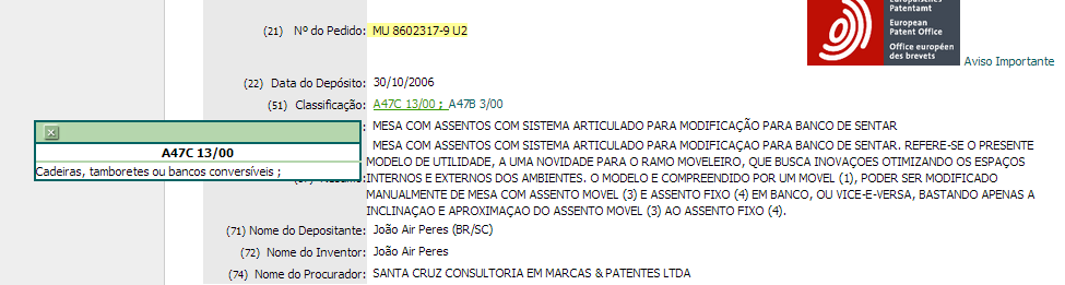 Para direcionar melhor a busca, pode-se utilizar a Classificação Internacional de Patentes (CIP)*, que permite identificar os documentos de patente segundo a área tecnológica.