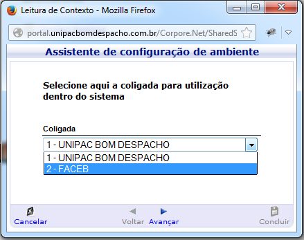 Quando necessário acessar o Menu Biblioteca, será necessário a troca de coligada, alterando da coligada 1 UNIPAC BOM DESPACHO, para a coligada 2-FACEB.