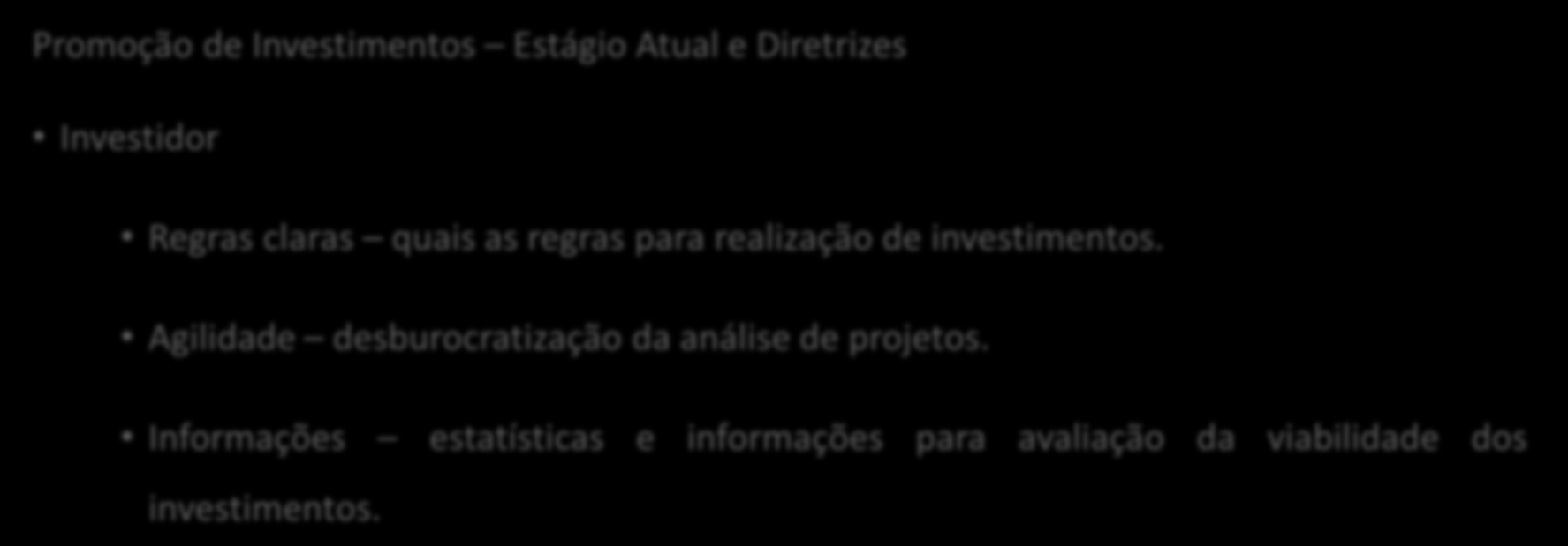 Departamento de Financiamento e Promoção de Investimentos Promoção de Investimentos Estágio Atual e Diretrizes Investidor Regras claras quais as regras para