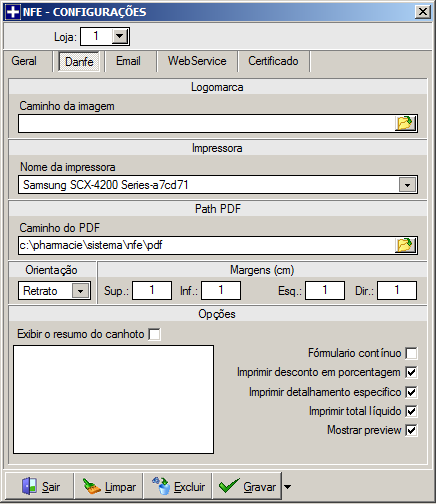 Caminho da imagem: se quiser utilizar uma logomarca da empresa na NFe, selecione-a ou informe o caminho. Nome da impressora: selecione a impressora a qual irá imprimir o DANFE.