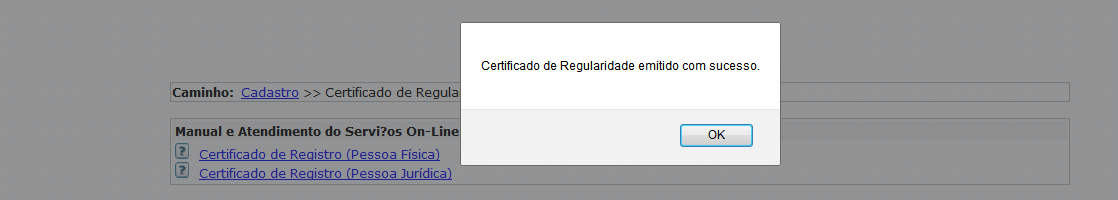 x) O sistema exibirá uma mensagem de aviso. Clique em Ok.