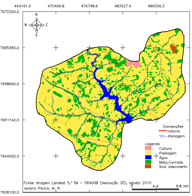 O uso de técnicas de sensoriamento remoto e geoprocessamento permitiu a análise do uso e ocupação da terrana bacia hidrográfica da UHE Caçu GO (figura 4), possibilitando uma visão holística da área.