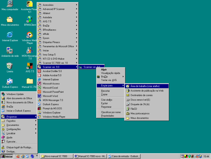 Criando ícone do SC-7000 na área de trabalho. 1- Clique no botão INICIAR; 2- deslize o mouse até a pasta PROGRAMAS; 3- deslize o mouse ate a pasta SCANNER VER. 9.