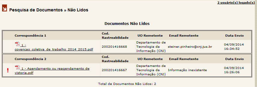 Após clicar na opção Não Lidos será aberta a página Pesquisa de Documentos» Não Lidos.