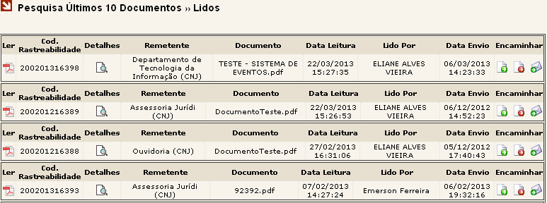 Após clicar na opção Últimos Lidos, o sistema abrirá a página Pesquisa Últimos 10 Documentos» Lidos listando os últimos dez