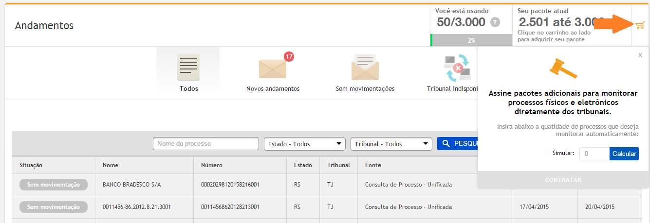 O serviço Andamentos oferece as atualizações das movimentações dos processos eletrônicos e físicos em âmbito nacional, em todos os tribunais do País e suas instâncias.