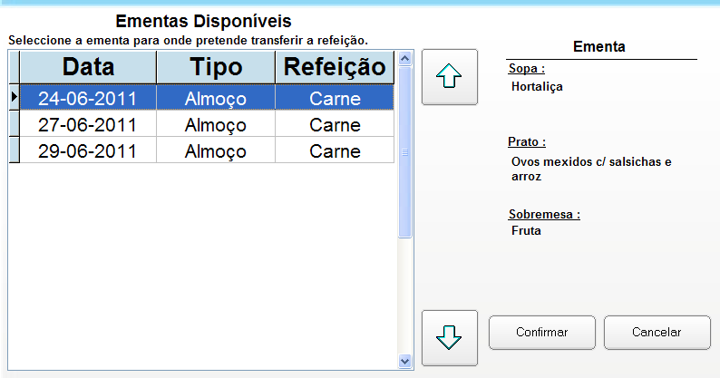 Ilustração 6 Nova opção para alterar a data de serviço da refeição. Seleccionado o botão são apresentadas as datas para as quais existem ementas disponíveis.