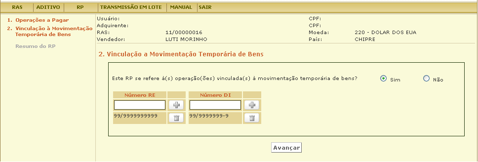 f) inserir o Número do Documento que comprove o pagamento ao residente ou domiciliado no exterior e acionar o botão Avançar.