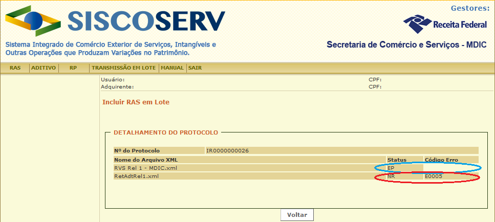 Neste momento o sistema faz uma primeira análise do arquivo, informando: o número do protocolo de envio, uma lista com todos os arquivos XML enviados e seu respectivo status.