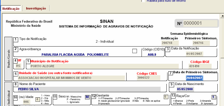 2. A ficha de notificação será exibida. Para acessar a investigação do caso, basta clicar sobre a o botão Investigação. Notas: a.