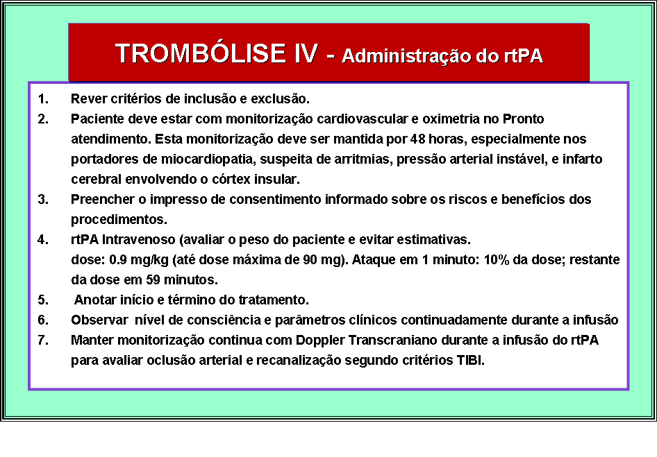 O uso da estreptoquinase nos pacientes com AVC isquêmico, durante a fase aguda, foi associado a uma elevada freqüência de hemorragia e mortalidade.