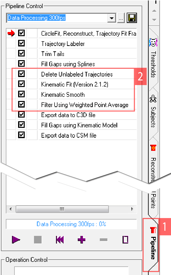 Após realizadas todas as correções são aplicadas as seguintes operações da pipeline: Activity Bar > Pipeline Delete Unlabeled Trajectories Kinematic Fit (Version 2.1.