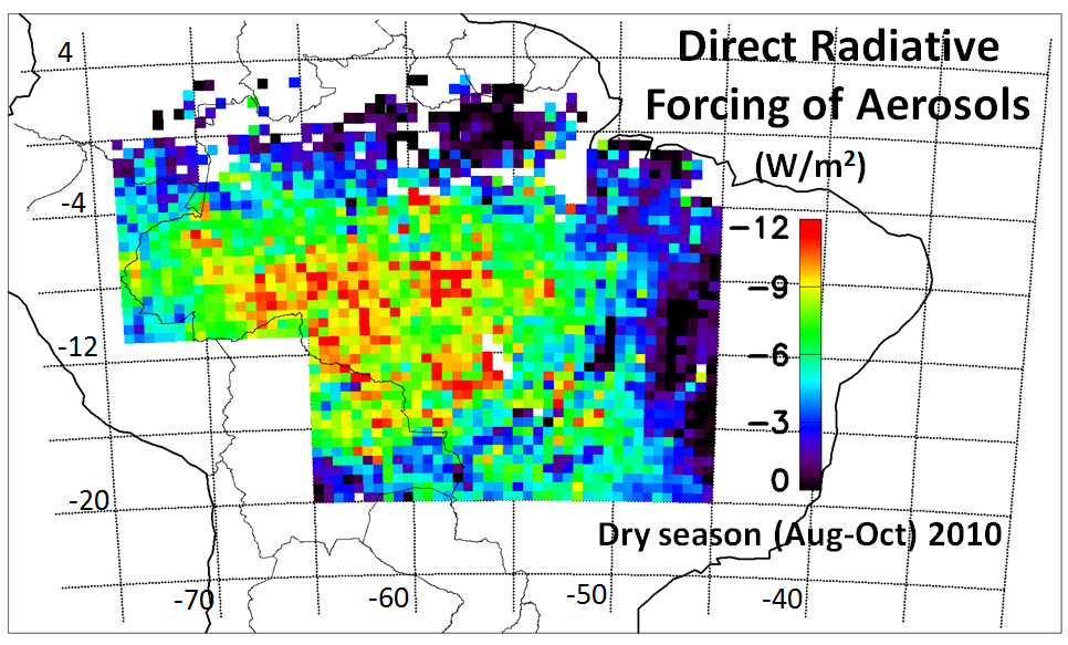 Average spatial distribution of the direct radiative forcing (DRF) of biomass