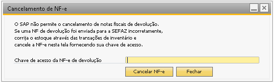 4.4 Cancelamento de devolução Para cancelar uma nota de devolução enviada e autorizada, informar a chave de acesso e cancelar. Figura 4.17 Cancelamento de devolução 4.