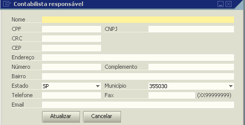 através do menu Sistema Fiscal => SPED Fiscal - SINTEGRA => Configurações => Contabilista responsável. Figura 5.10 Contabilista responsável pelo SPED Fiscal 5.