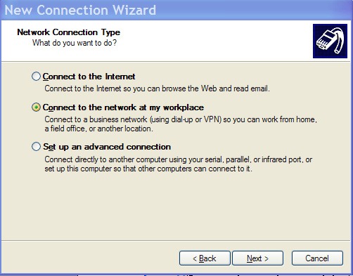 6 Assistente para Novas Conexões Na janela Network Connection Type (Tipo de Conexão de Rede) selecione Connect to the network at my workplace (Conectar à rede em meu local de trabalho) no menu e, em