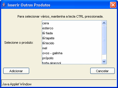 os tipos de produtos e para o botão Adicionar Produtos.