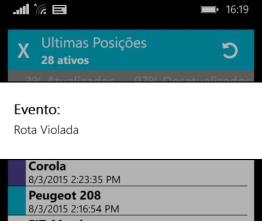 Será exibida na tela a lista dos veículos do Cliente. A lista será de 60 veículos, no máximo, que o usuário esteja habilitado para visualizar.