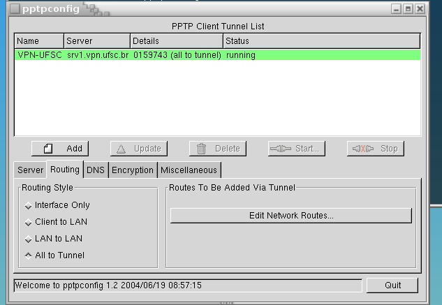 Figura 2: Definição da opção de rota Entre na primeira aba Server da interface com os nomes: servidor (server), domínio (domain), usuário (username) e senha (password); Na aba rota (routing entre com