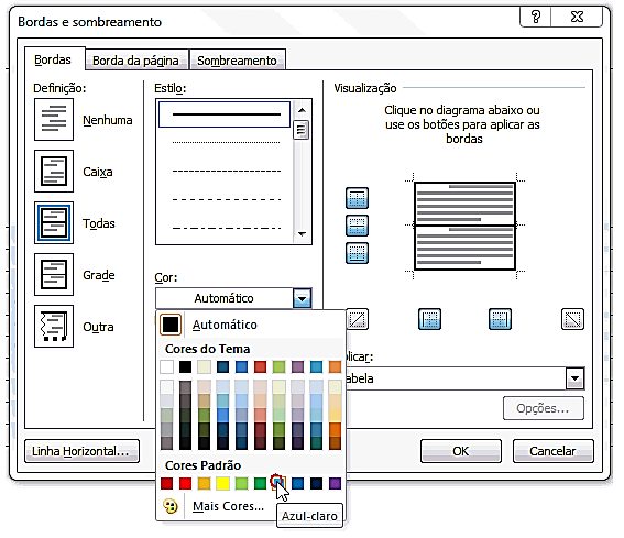 Para isto, clique no botão drop-down da caixa Cor e escolha a opção desejada. Para finalizar, clique no botão OK. A partir de agora aplicaremos sombreamento nas células da tabela.